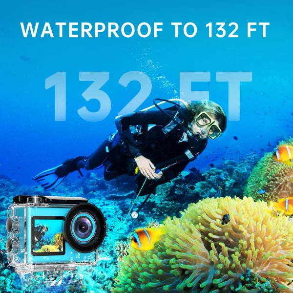 4K60FPS 30MP Action Camera with Front LCD and Touch Rear Screens, Underwater Camera with 64GB Memory Card, 132FT Waterproof Camera, EIS, 5X Zoom, WiFi Remote Control（Blue） - Image 7